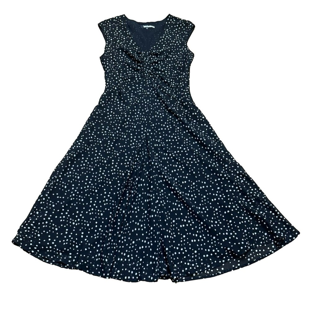 Evan-Picone Women's 10 Black White Polka Dot Chiffon VNeck Sleeveless Midi Dress